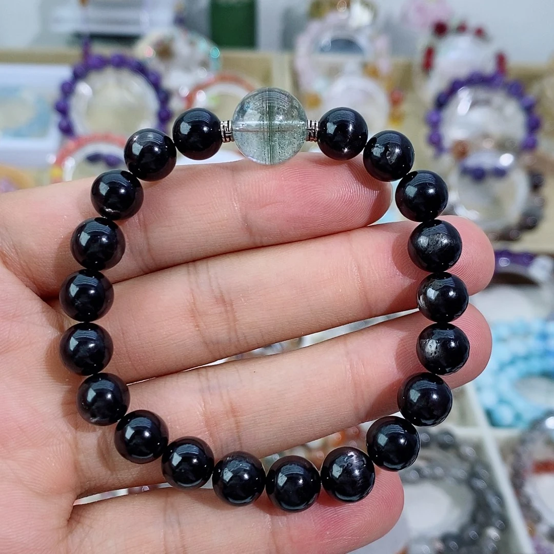 银S925镶嵌手链水晶金运石手串+绿幽灵