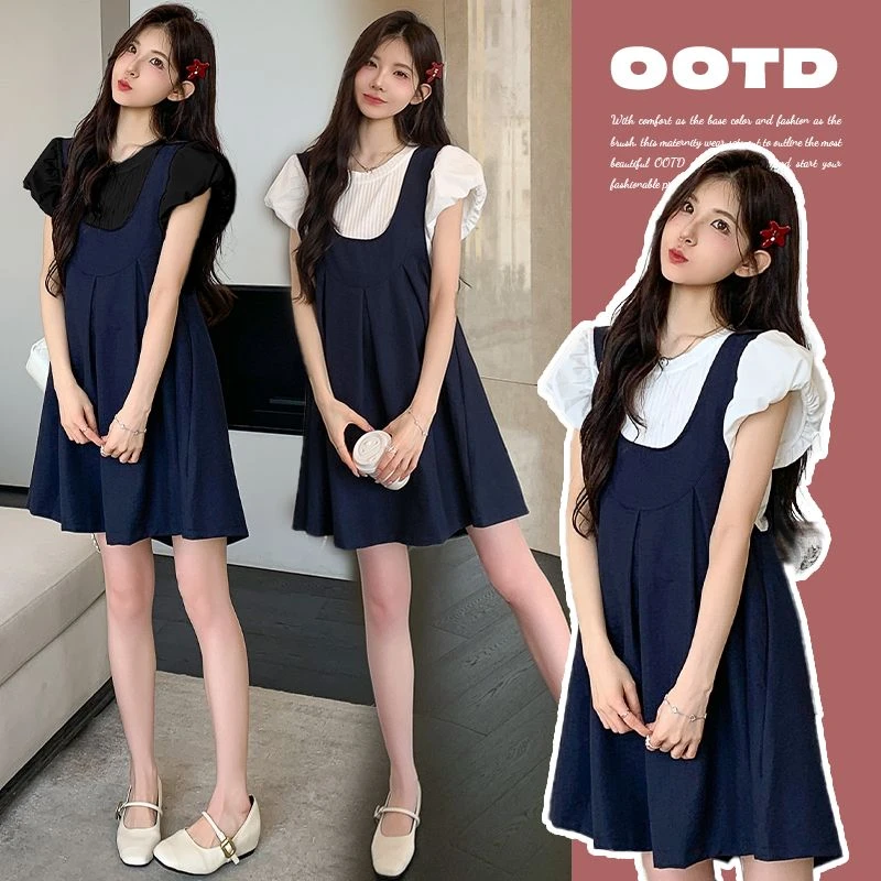 孕妇系带背带裙+泡泡袖上衣夏装套装2025新款冰感洋气针织衫套装