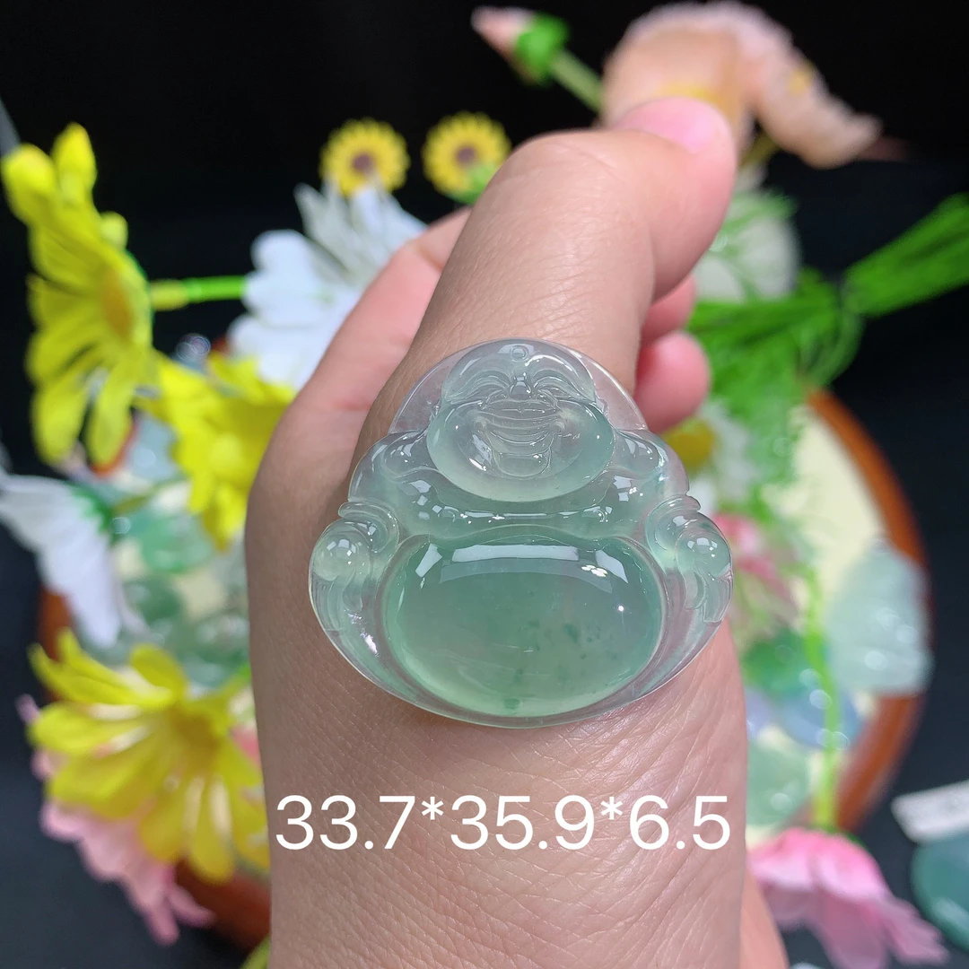 缅甸翡翠A货冰种飘花佛公刘挂件水润百搭精冰妈妈精玉石绿色雕刻