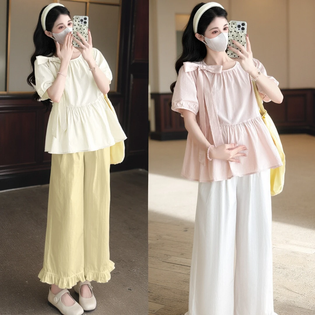 小个子孕妇装夏装韩版高级蝴蝶结上衣孕期遮孕肚荷叶边阔腿裤套装