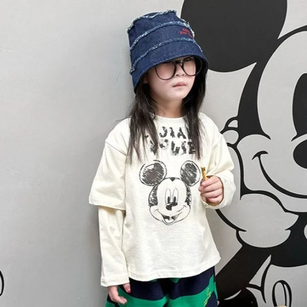 大金定制春夏季新款男女童杏色韩系风拼袖假两件潮酷卡通印花潮T