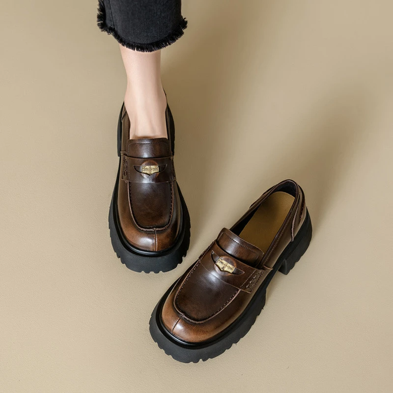 王炸！巨巨显高~正品复古擦色金币厚底乐福鞋女高跟英伦小皮鞋