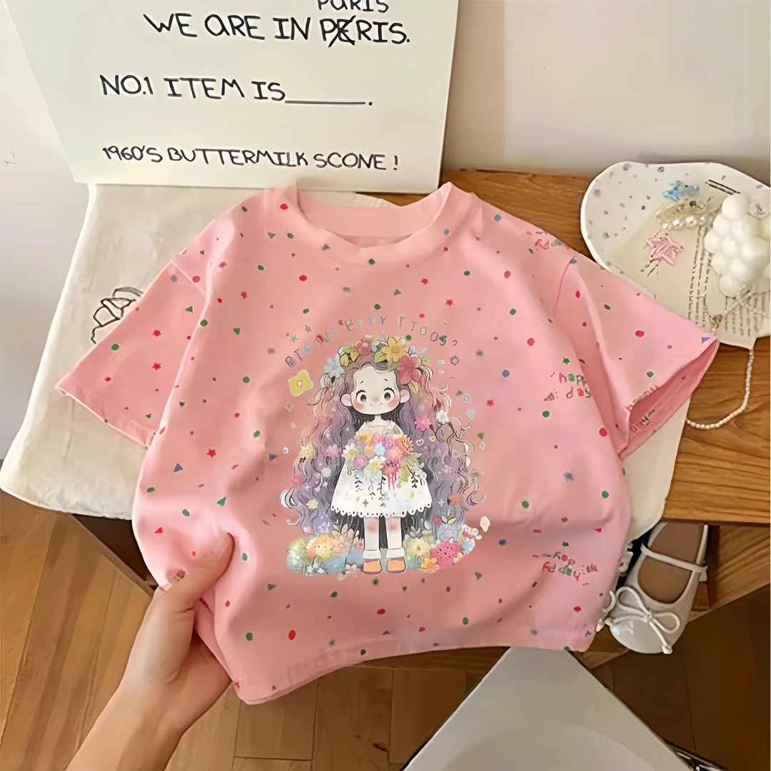 女童短袖印花T恤2024新款夏季圆领童装中大童儿童t恤洋气半袖上衣