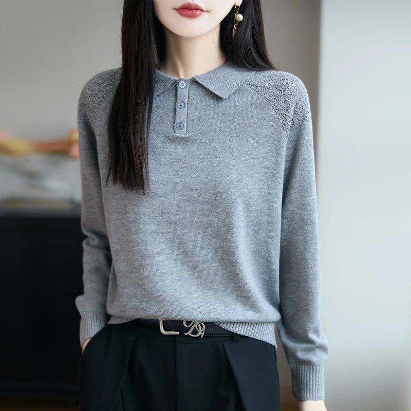 品牌2025新款秋冬时尚精纺针织衫POLO领长衫镂空肩洋气打底上衣