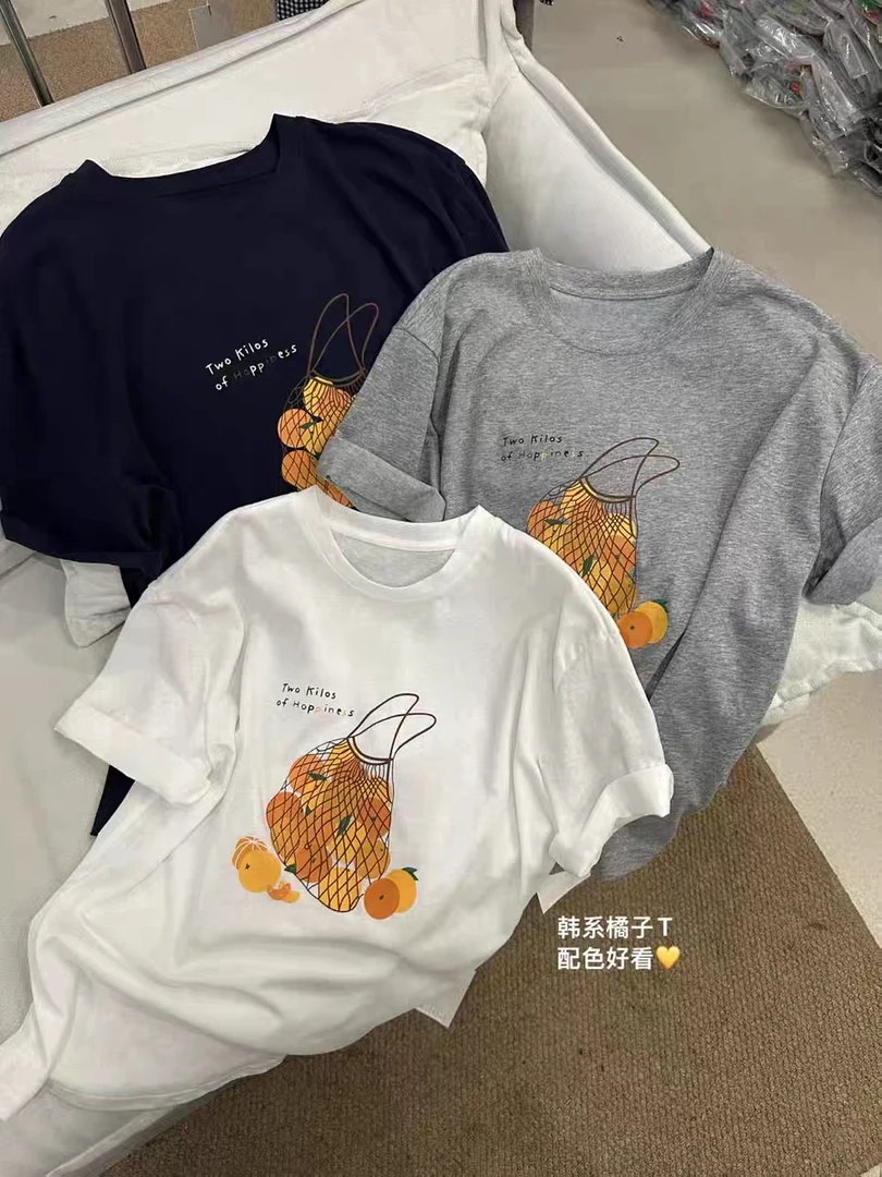 阿玉家&手提袋图案橘子短袖T恤女韩系夏季时尚宽松显瘦上衣#6981