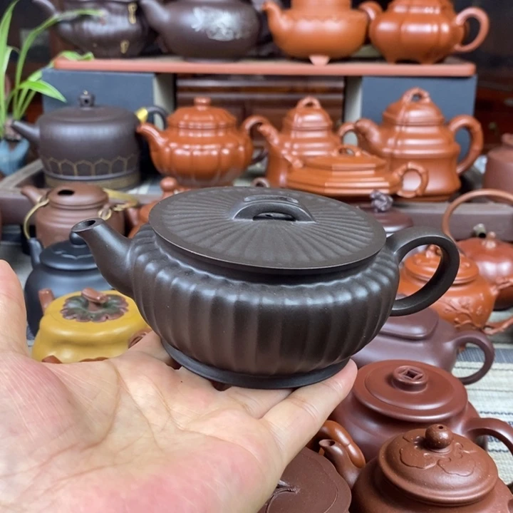 紫砂茶壶筋纹汉瓦260cc原生矿黑料特价