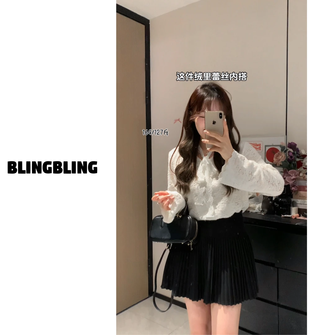 唐不灵微胖《初雪糖霜》加绒加厚版百搭领口系带显瘦简约蕾丝上衣