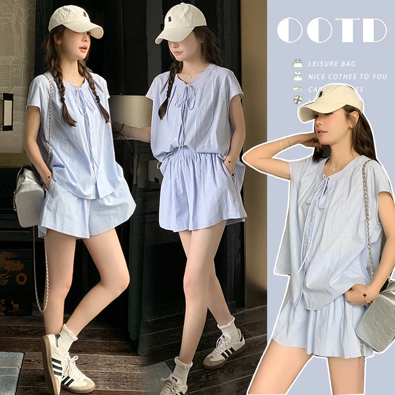 2025时尚 夏季韩系休闲中长款两件套天蓝色孕妇套装上衣