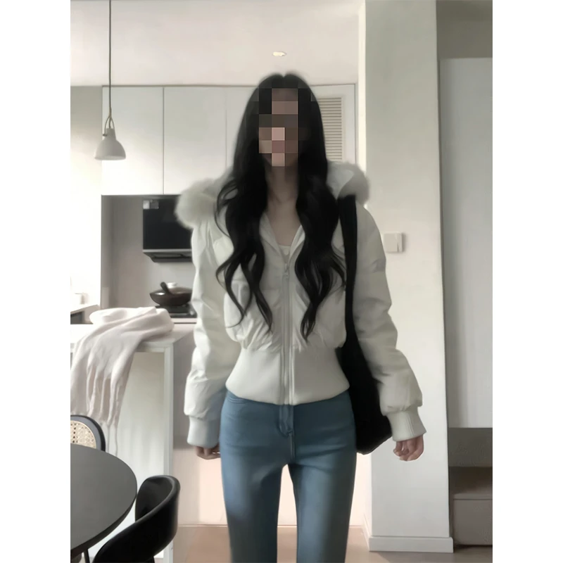 秋冬季短款连帽棉服收腰大毛领新款外套面包服直筒宽松休闲阔腿裤
