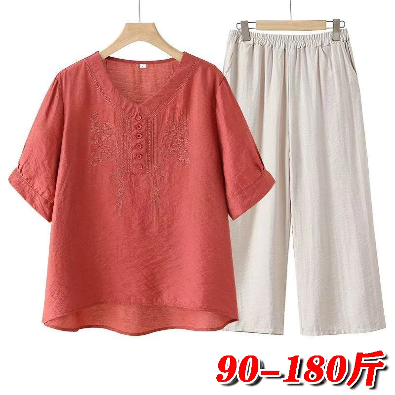 套装女中老年刺绣短袖T恤夏新中式奶奶妈妈装两件套阔腿裤子上衣