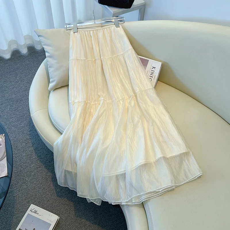 拉夏贝尔夏季高腰A字褶皱宽松长裙时尚春夏新半身裙百搭显瘦半裙