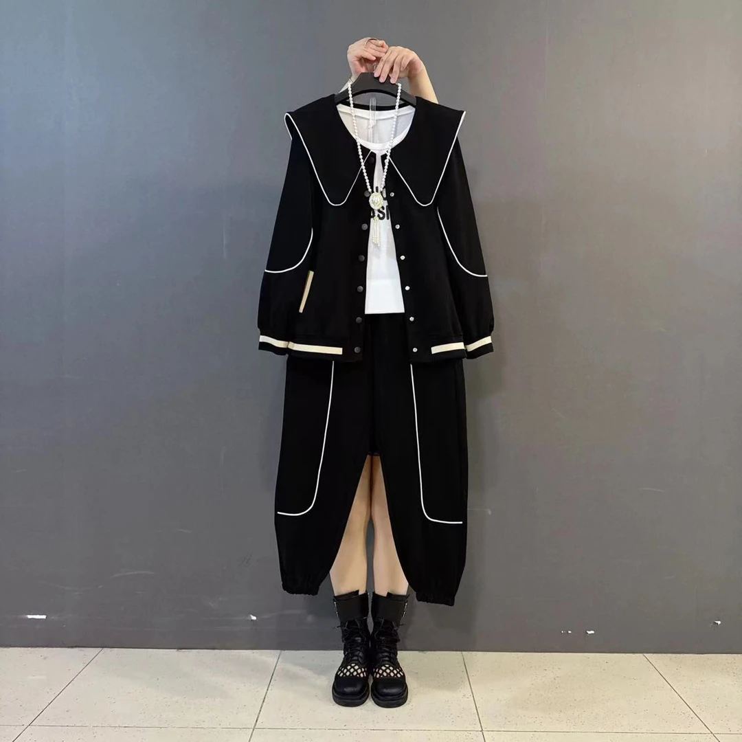欧货娃娃领撞色拼接外套长裤字母打底大码休闲套装