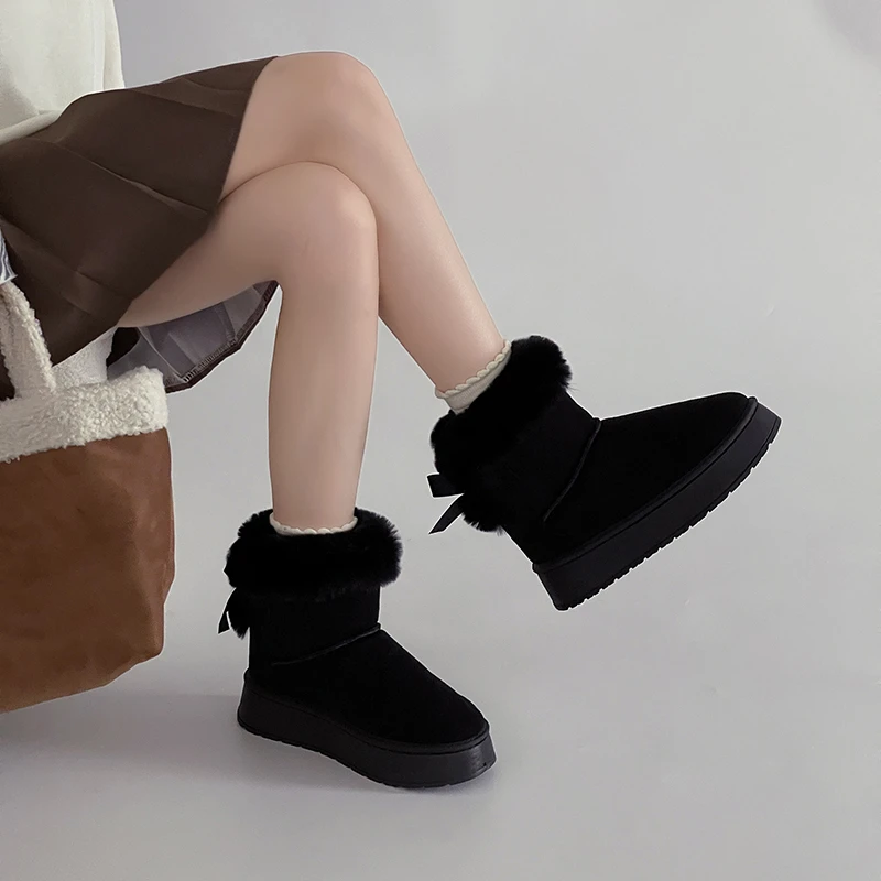 复古纯色森系毛毛翻边厚底雪地靴女2025冬季新款后系带加绒大棉鞋
