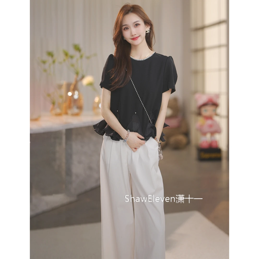 【ShawEleven】2025夏季新款织带装饰拼欧根纱短袖设计感衬衫2695