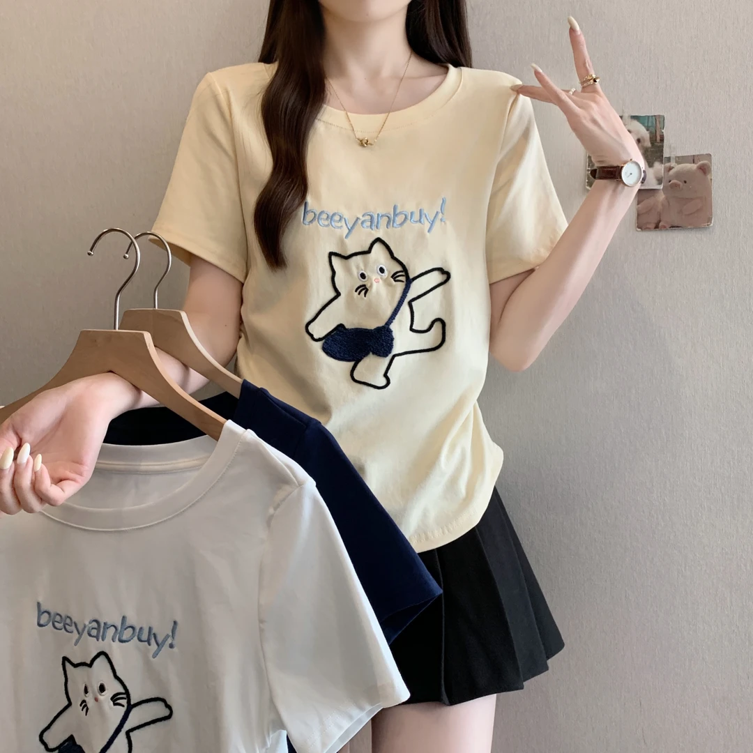 2025夏装新款夏装胖mm大码卡通小猫刺绣短袖T恤褶皱收腰减龄上衣