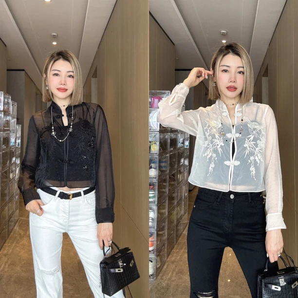 【CM】新中式重工盘扣亮片刺绣真丝衬衫M5S0407