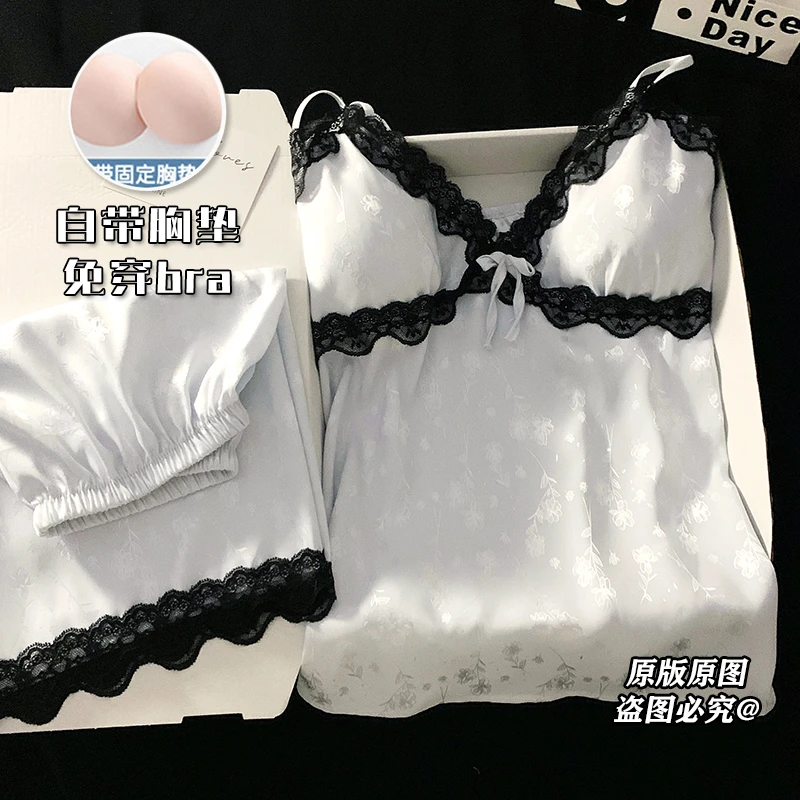 带胸垫冰雪丝吊带睡衣女款夏季纯欲风免穿bra性感套装新款家居服