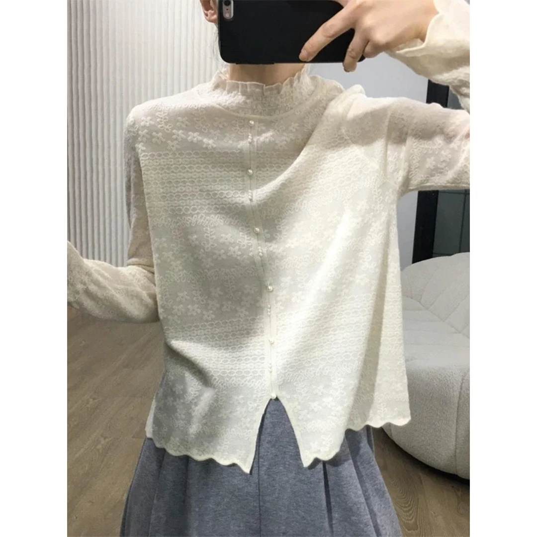 法式蕾丝边纽扣开叉针织衫女秋冬宽松半高领内搭羊毛衫打底衫