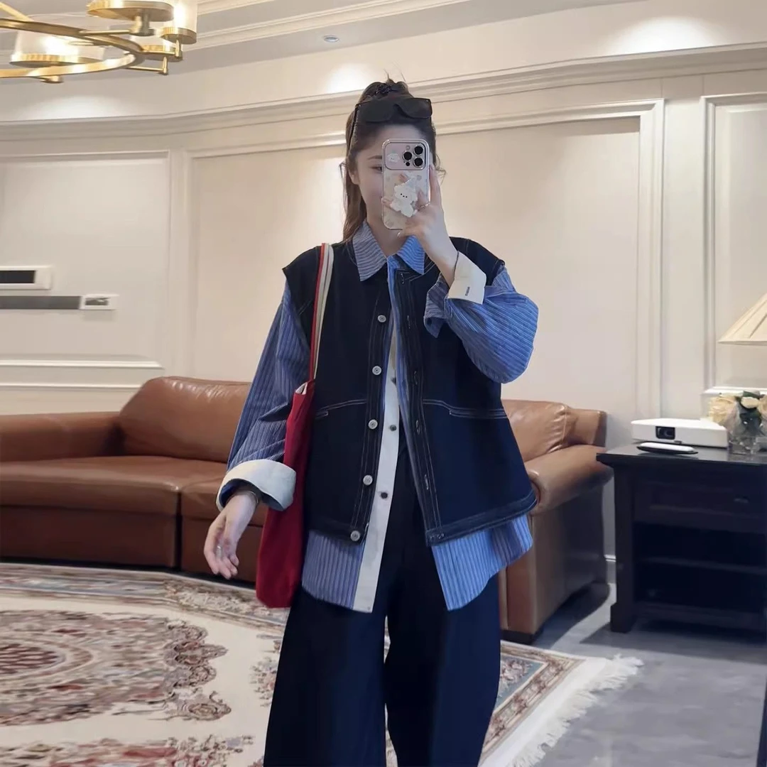 设计感叠穿牛仔马甲女2025初秋圆领无袖短外套宽松背心外搭坎肩潮