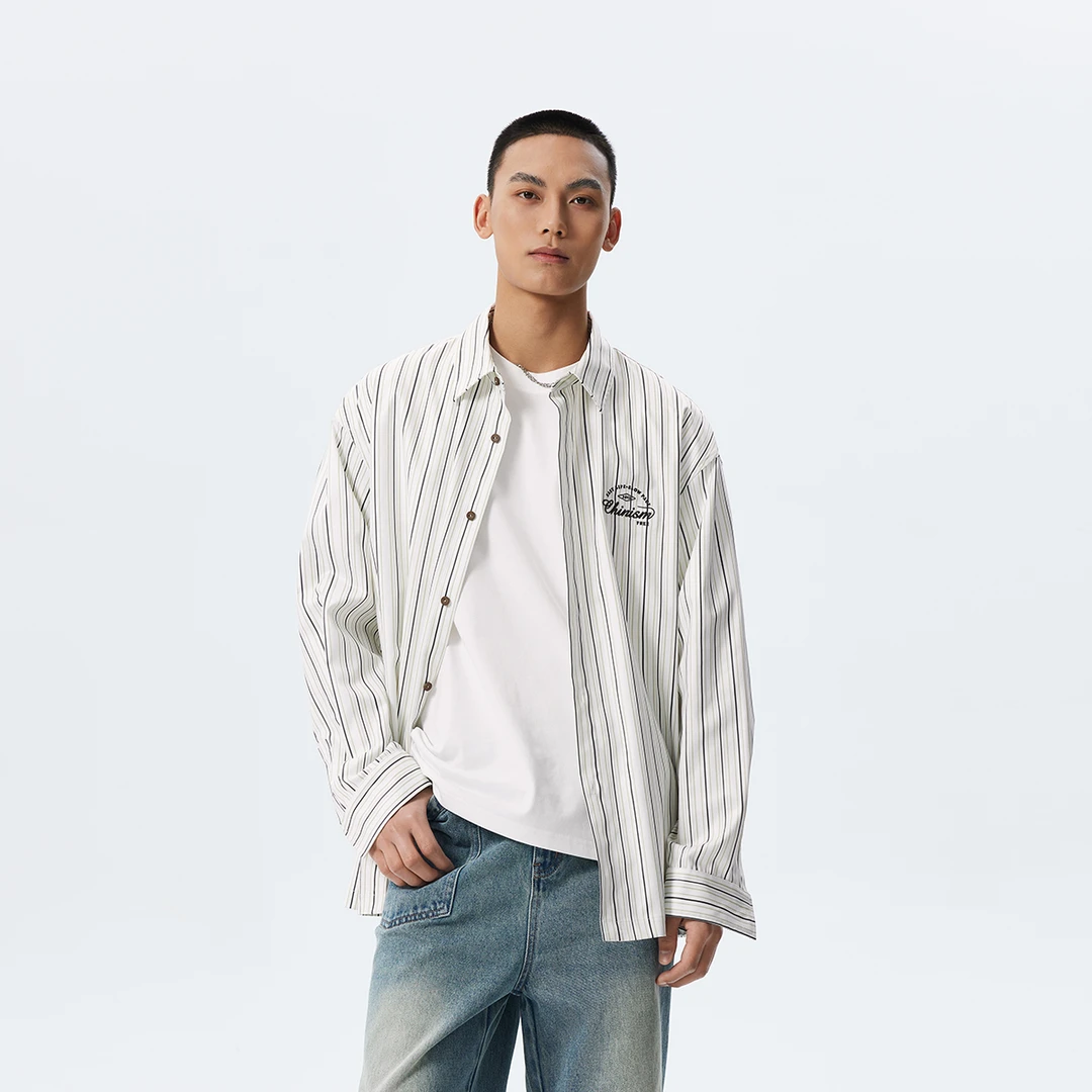 CHINISM赤尘 绣花logo长袖衬衫男生秋季新款休闲复古衬衣1028