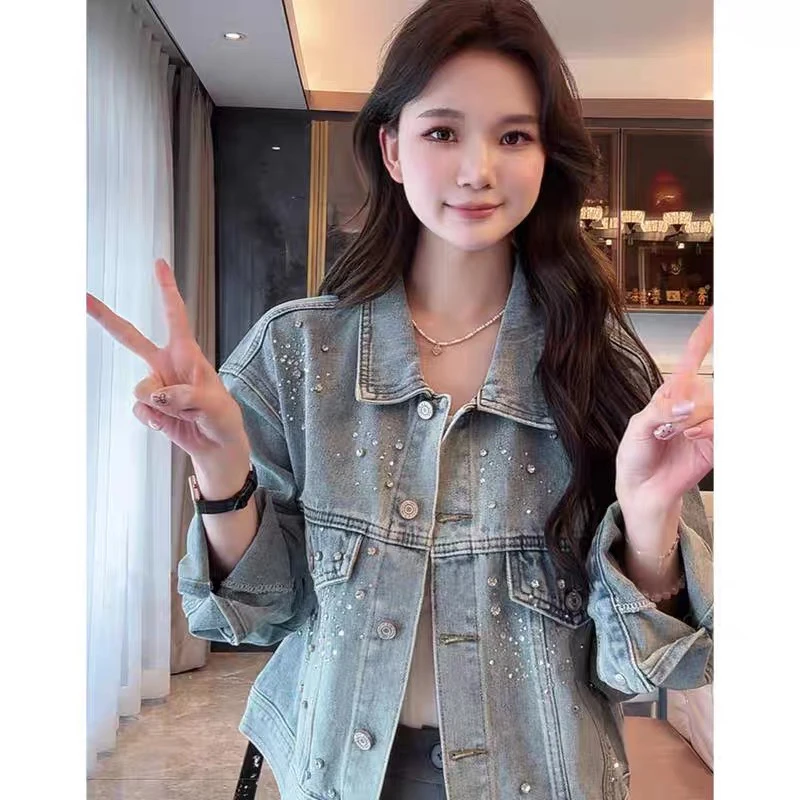 秋季纯色百搭短款女网红韩版显瘦烫钻短外套宽松复古春秋包袖
