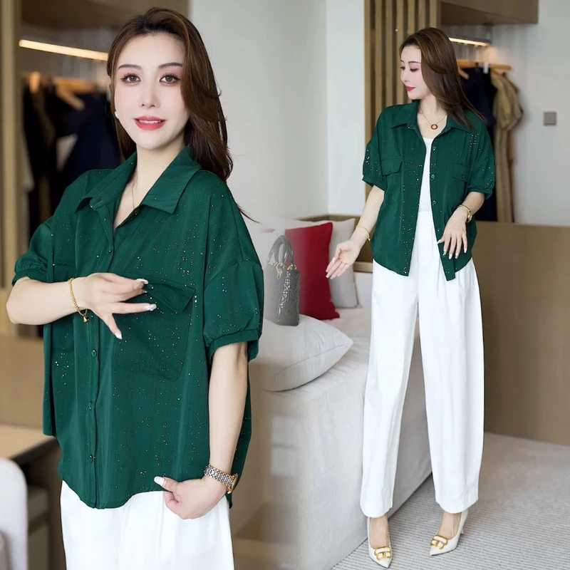 夏季气质显瘦绿色衬衫女装2025新款洋气百搭短袖上衣宽松薄款衬衣