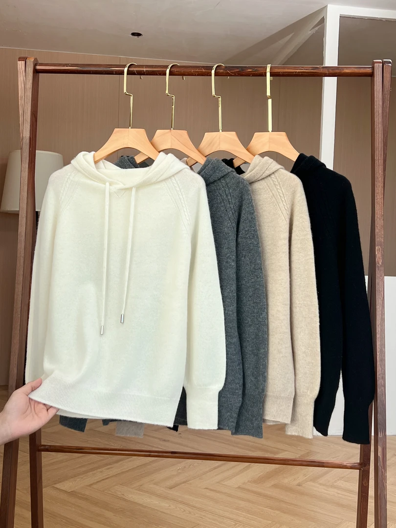 2025新款 一线成衣100%纯山羊绒连帽衫减龄休闲宽松针织羊绒女