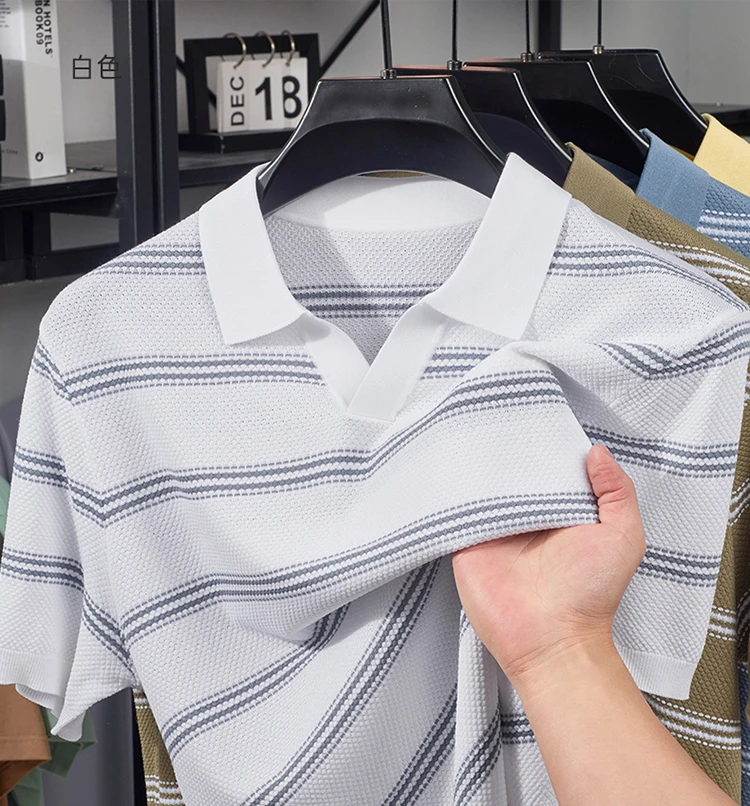 AtelierSol老钱夏季条纹海鸥领针织短袖男Polo衫男生衣服高级感