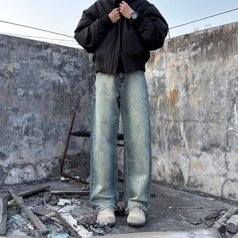 复古牛仔裤男秋冬新款宽松阔腿水洗做旧休闲裤港风直筒痞帅裤子男