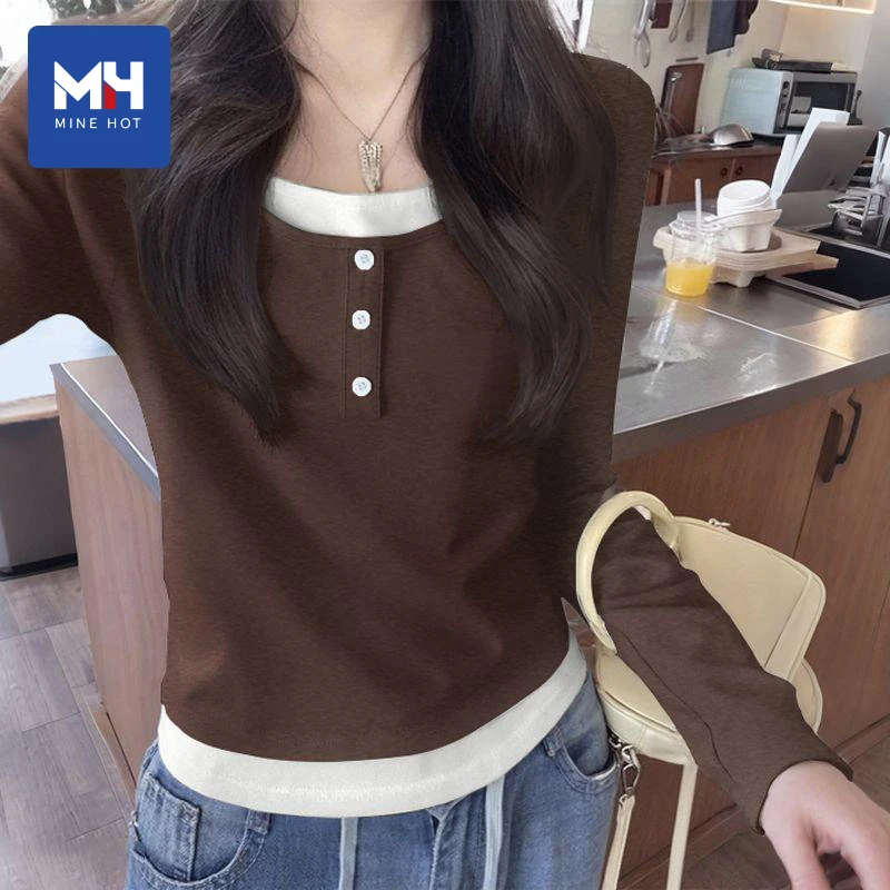 唐狮集团MH棕色长袖t恤女春秋季2025新款假两件正肩小个子上衣H
