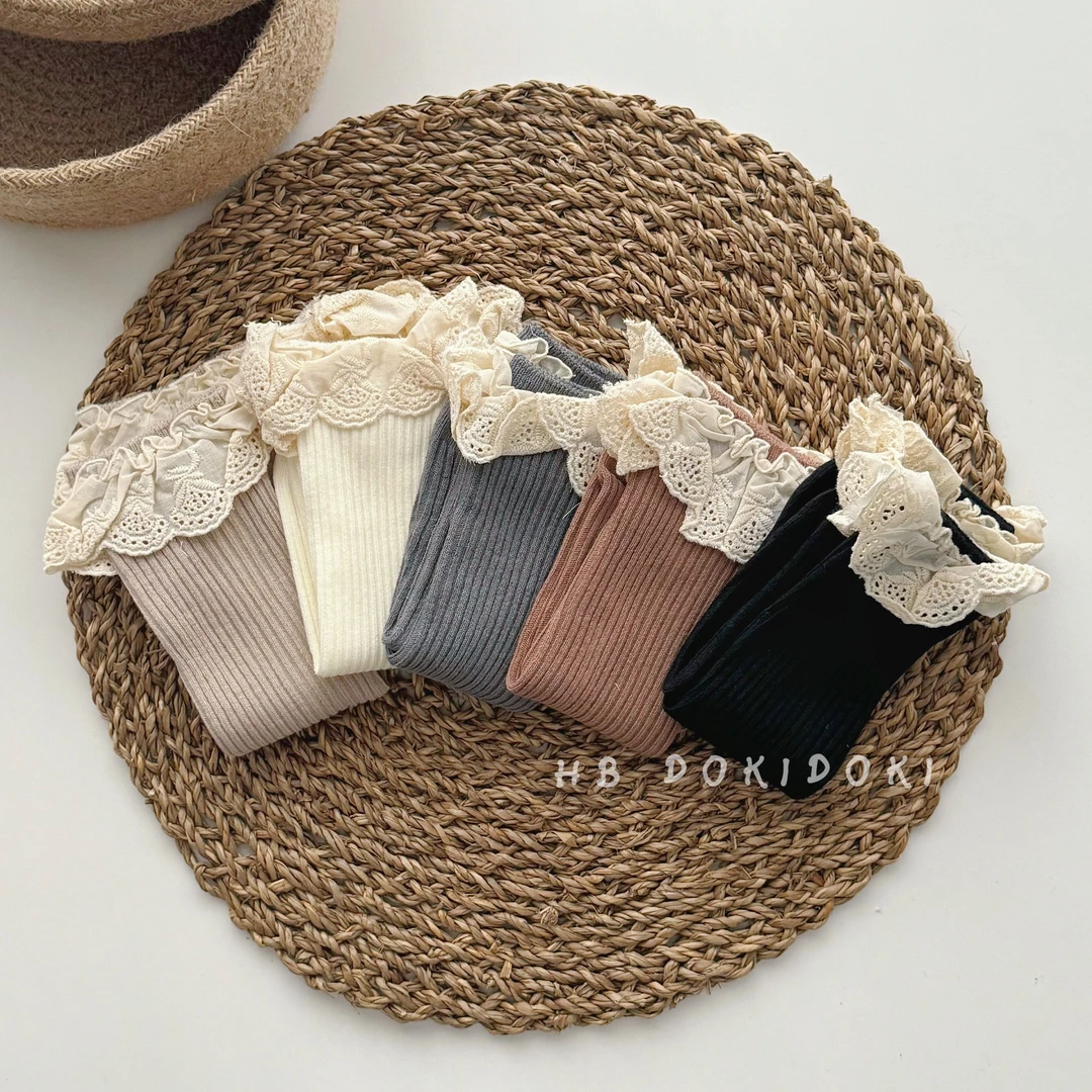 【2号】-NEMOBABY-儿童袜子无跟中筒袜韩国纯色花边宝宝袜