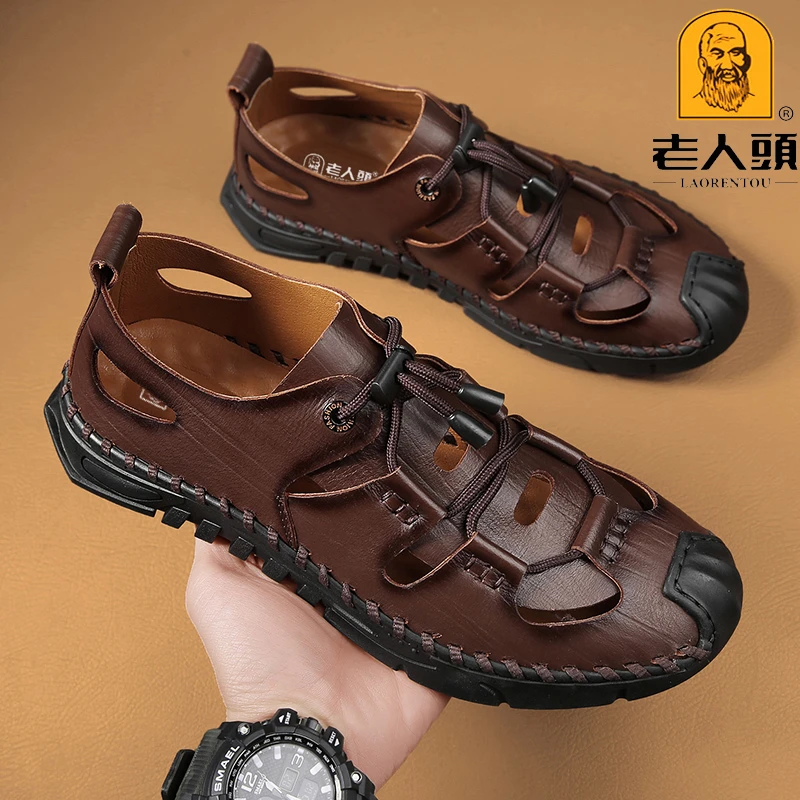 老人头正品凉鞋男时尚百搭夏季透气手工缝线舒适包头品质男鞋店