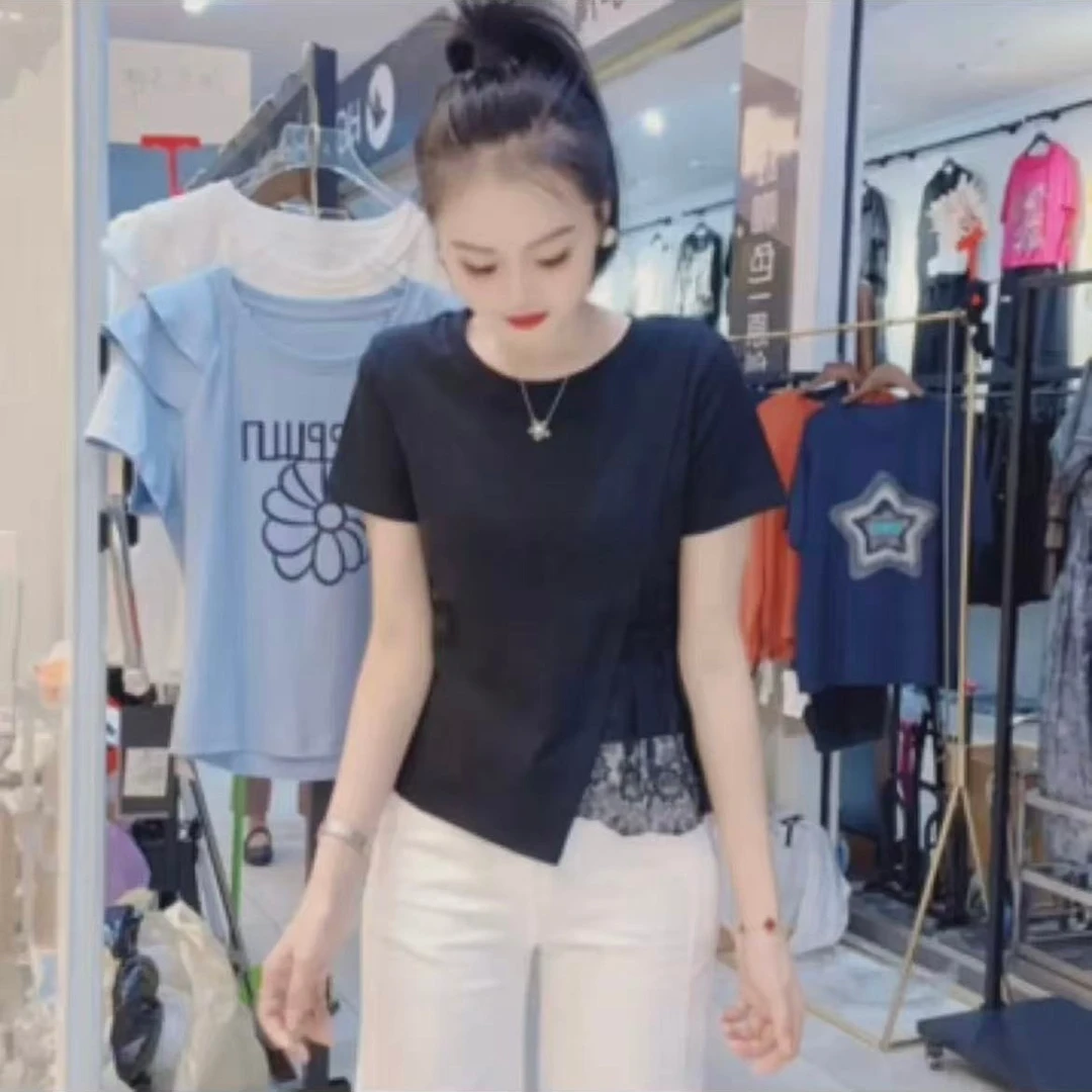 【Amy花猫】不规则下摆蕾丝拼接t恤漂亮小衫短袖上衣设计感小众女