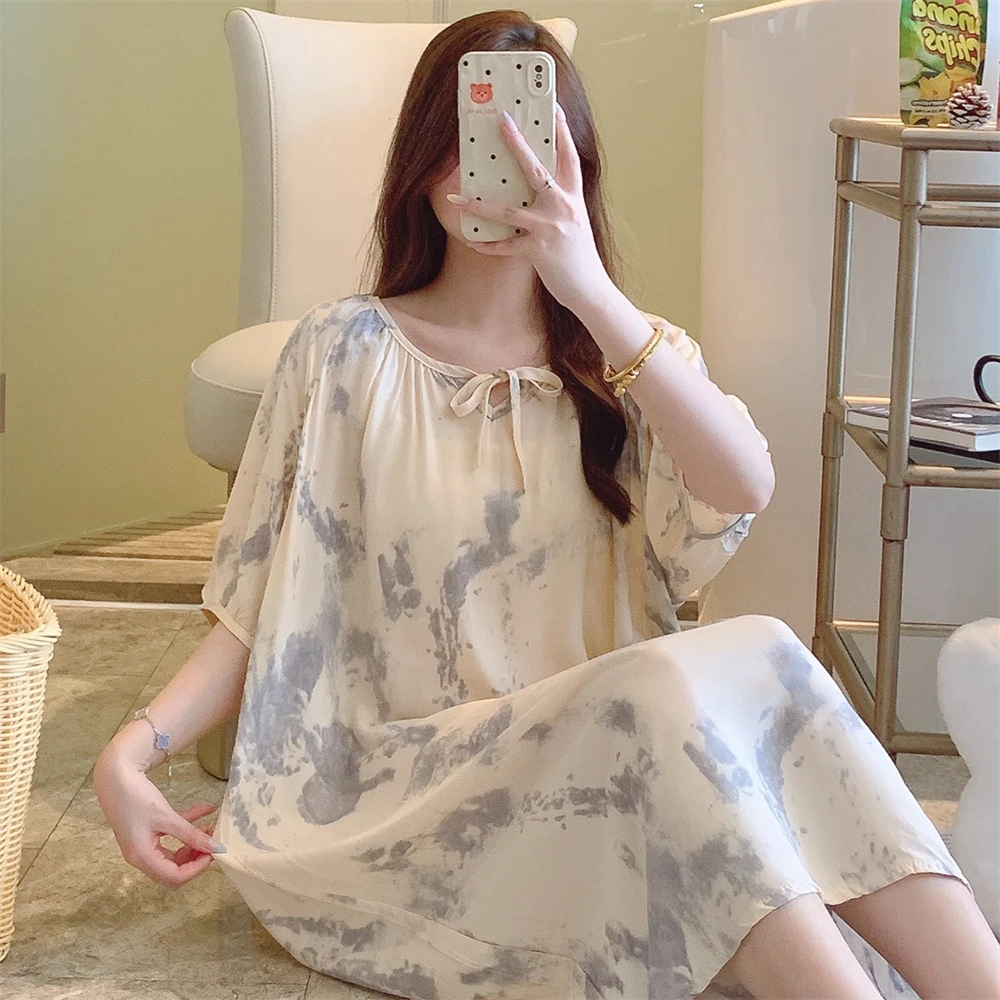 新款棉绸睡裙女中长款连衣裙可外穿加大码夏季薄款宽松甜美家居服
