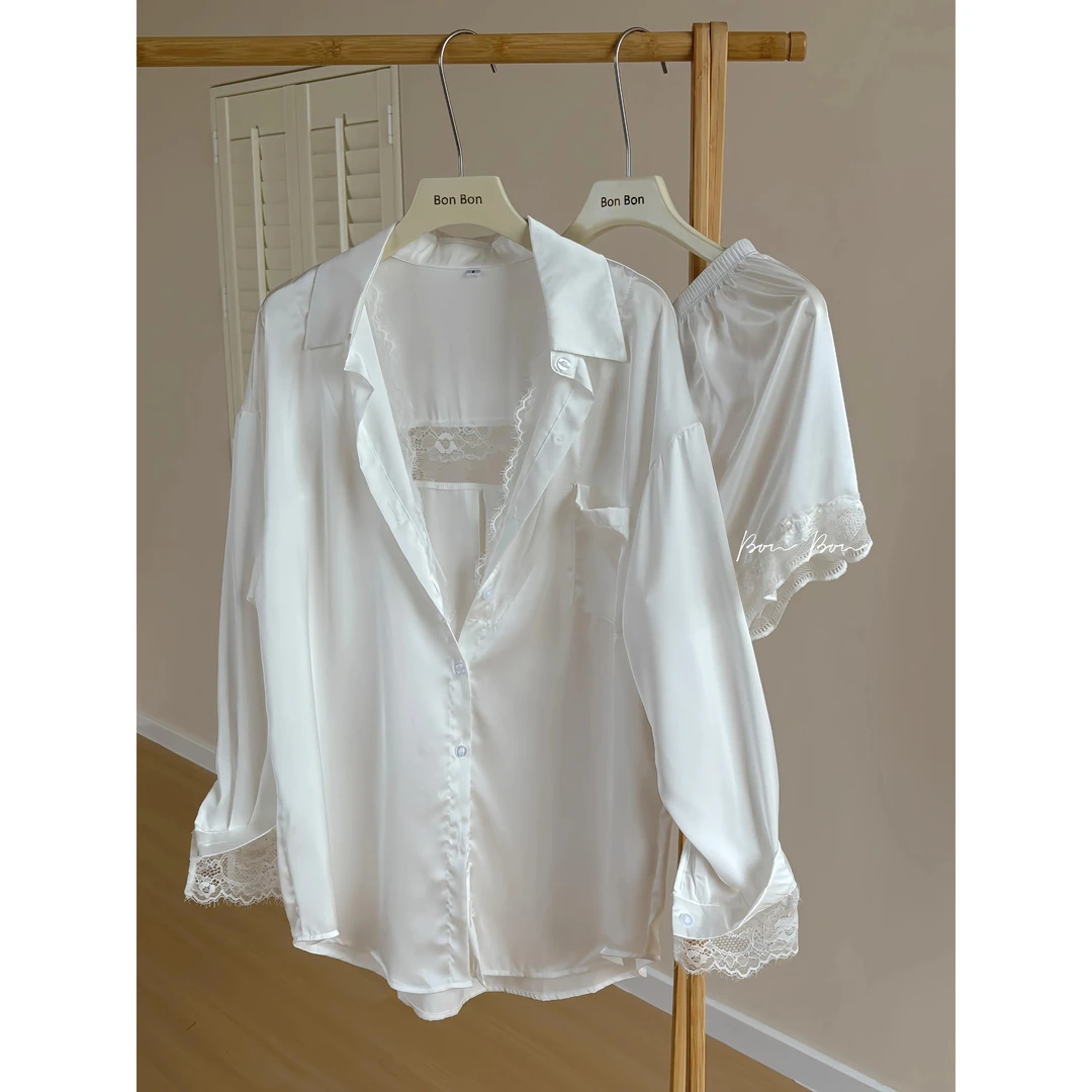 【蕾丝花边】纯欲风性感冰丝睡衣女夏季薄款长袖短裤宽松家居服套装