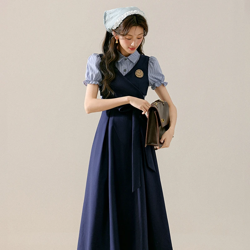 三寸藕【早八课间】法式学院风蓝色衬衫连衣夏季通勤面试裙L251229