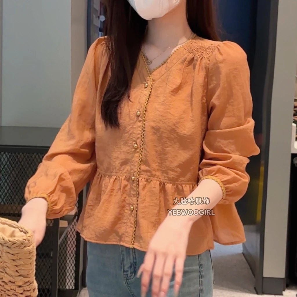 【大脸哈】长袖娃娃衫女设计感小众衬衫2025春季甜美小衫泡泡袖上衣