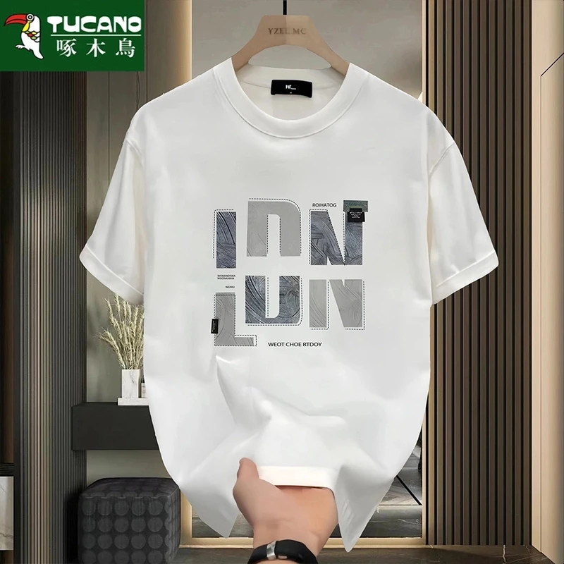 啄木鸟男士纯棉短袖t恤男潮流宽松圆领百搭印花大码男生全棉半袖T