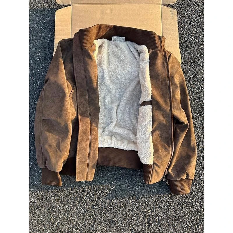 美式复古扎染皮夹克男冬季加绒加厚廓形棉衣美拉德咖色座山雕外套