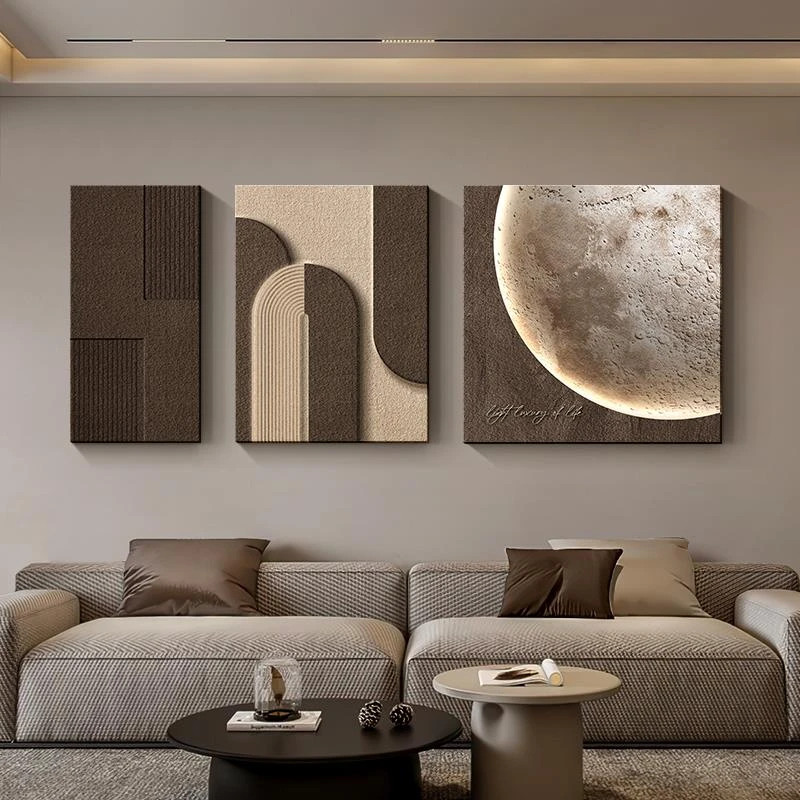 侘寂风高级感月球客厅沙发背景墙立体砂岩三联壁画轻奢简约极简