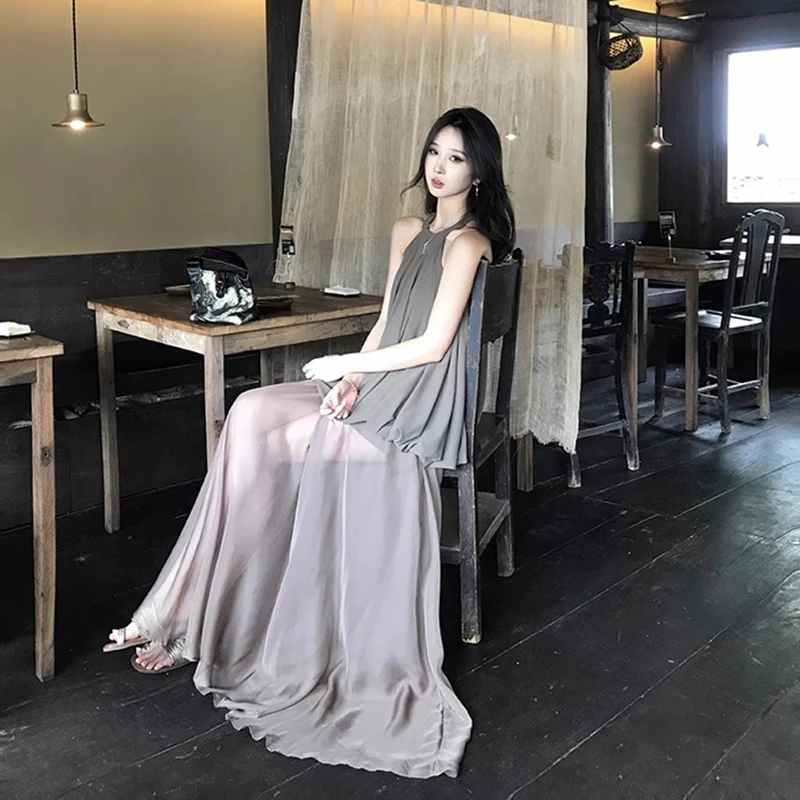 挂脖无袖花苞上衣时尚套装女夏季高腰半透半身裙两件套