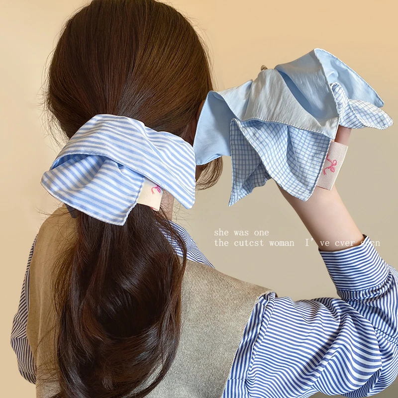 韩系蓝色方巾发圈扎头皮筋马尾发绳气质丸子头发饰2025新款头绳