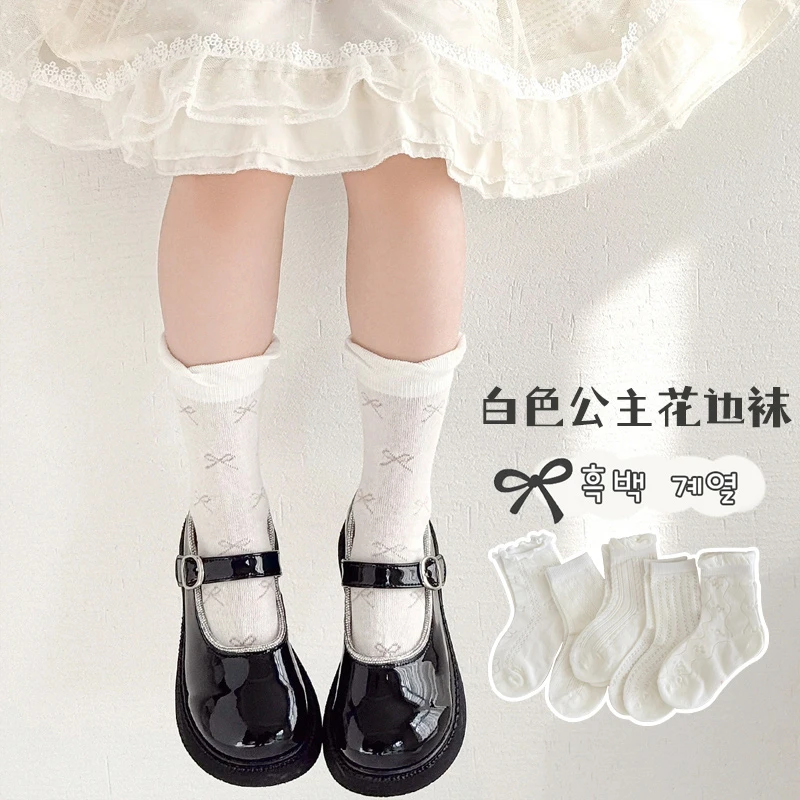 女童袜子夏季薄款儿童花边公主袜夏天网眼透气女孩学生白色中筒袜
