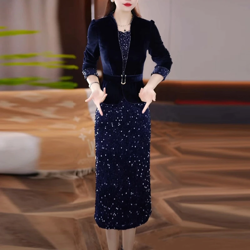 丝绒高级感轻奢女装2025冬季新款气质显瘦时尚假两件内搭连衣裙子