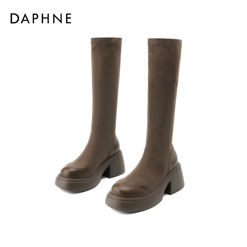 达芙妮时尚骑士百搭过膝长筒圆头弹力靴粗跟厚底高筒靴秋冬瘦瘦靴