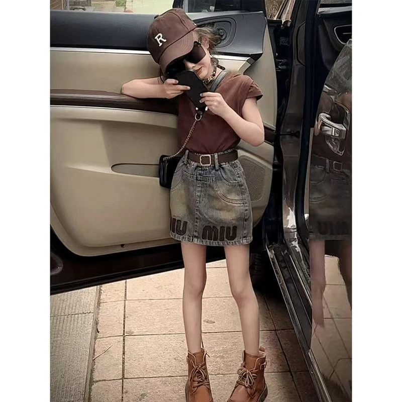女童夏季休闲套装2025新款洋气短袖T恤牛仔裙时髦短裙两件套爆款