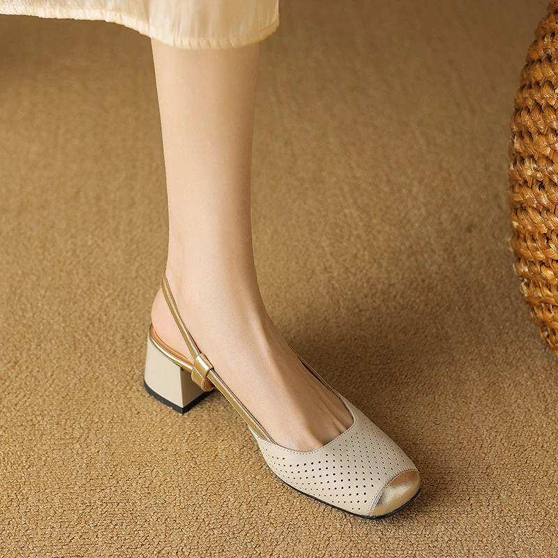 真皮断码清仓2025年夏新款尖头浅口软低单鞋女粗跟镂空包头凉鞋女