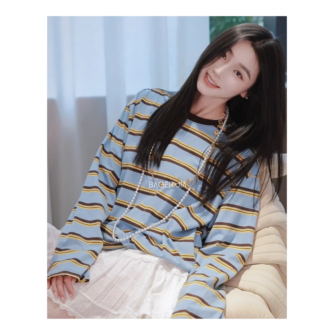 8-宝儿家含幂BL92625103春季新款穿搭圆领撞色条纹设计感T恤上衣