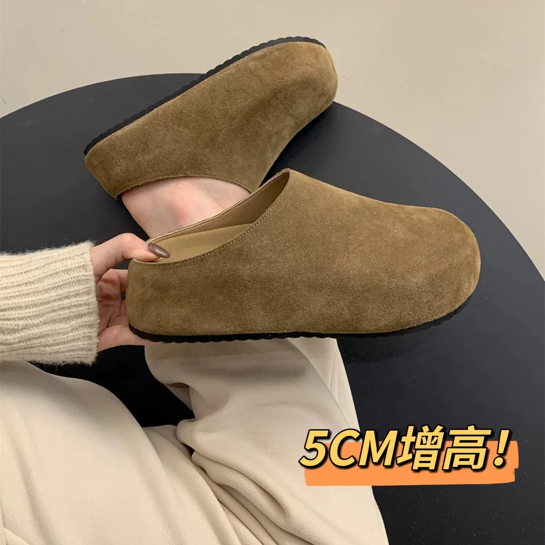 小个子内增高5CM~真皮勃肯鞋女厚底半拖秋冬新款松糕穆勒鞋包头拖