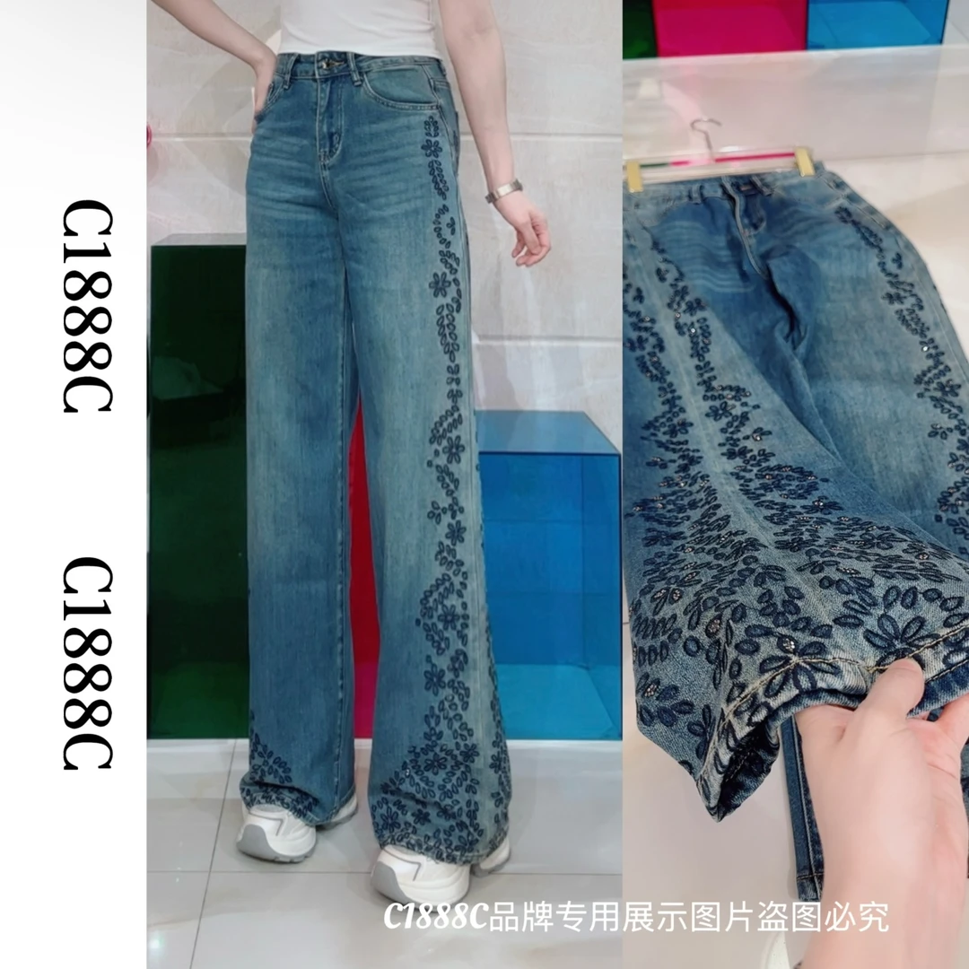 2454#C1888C品牌正品高端定制重工烫钻刺绣提花直筒牛仔